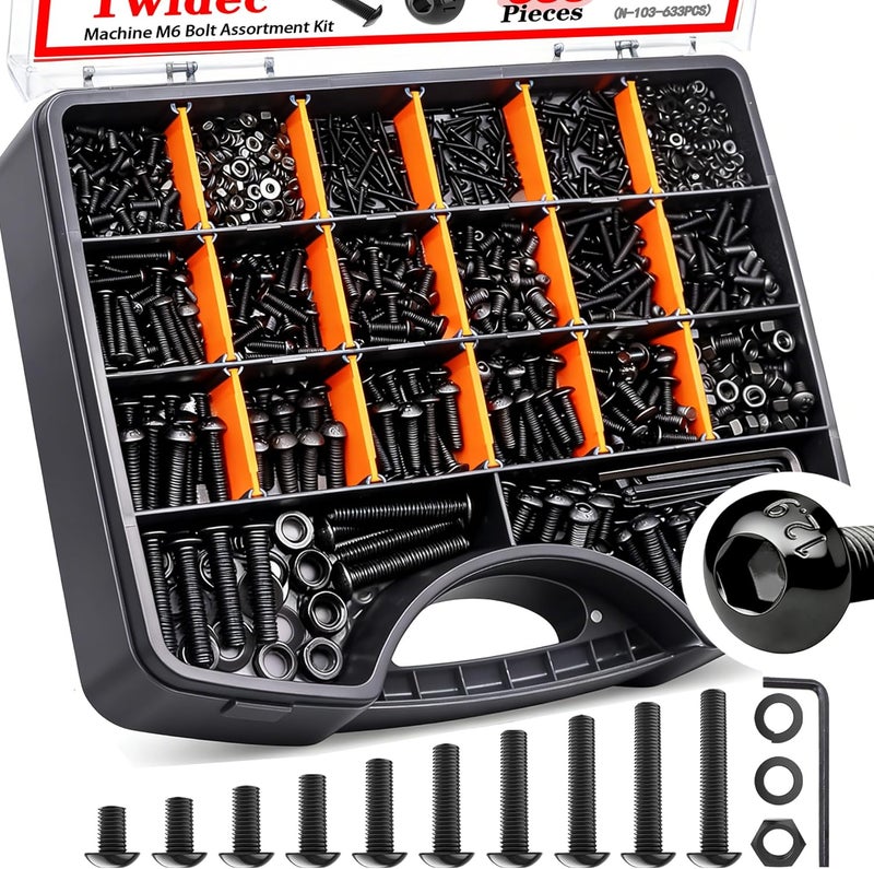 Twidec /633PCS M6 Bolt Assortment Kit 12.9 Grade M6x10/12/14/16/20/25/30/35/40/45mm Button Head Hex Socket Cap Screws Metric Bolts Nuts Washer Assortment Kit Black Alloy Steel N-103-633PCS - Image 1